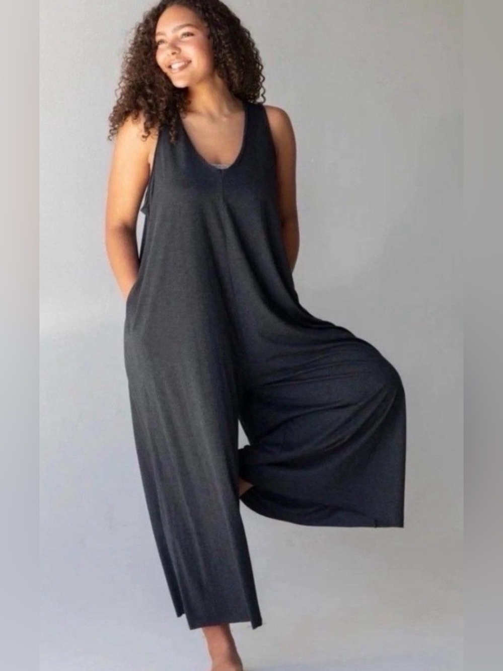 Natural Life Knit V-Neck Charcoal Gray Jumpsuit One Size Bohemian Lounge Boho